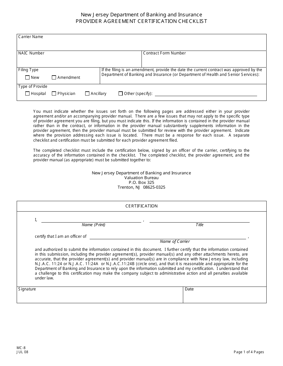 Form MC-8 Provider Agreement Certification Checklist - New Jersey, Page 1