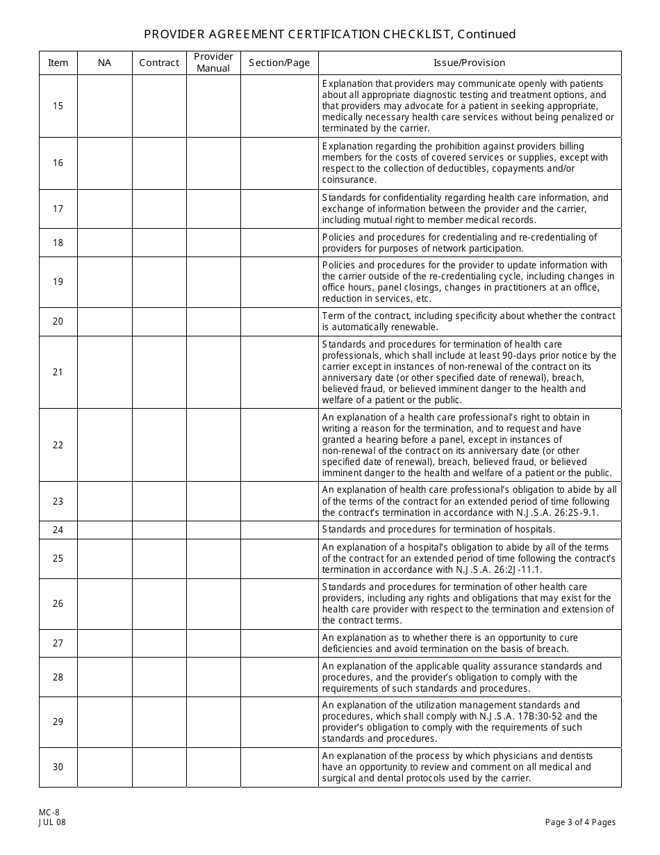 Form MC-8 Provider Agreement Certification Checklist - New Jersey, Page 3