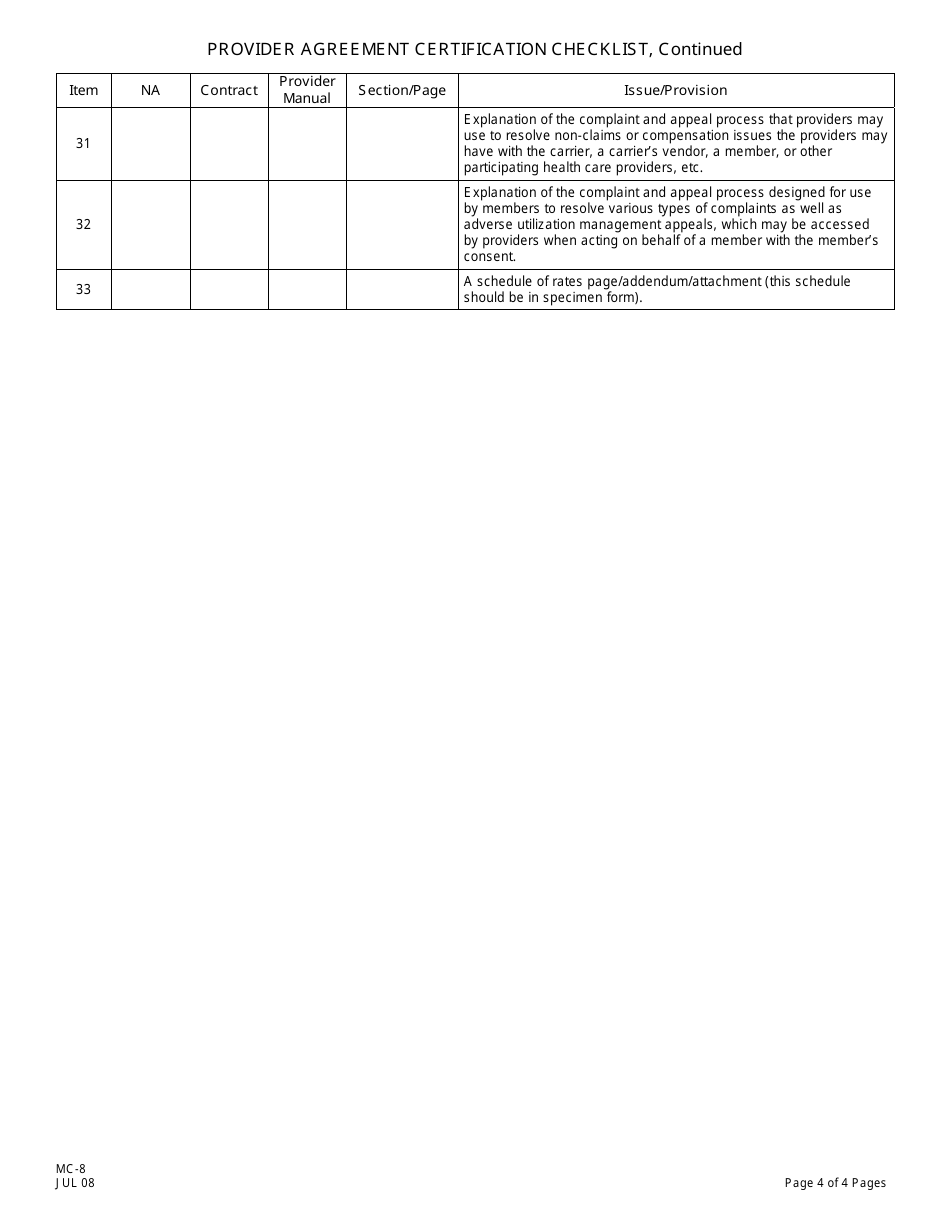 Form MC-8 Provider Agreement Certification Checklist - New Jersey, Page 4