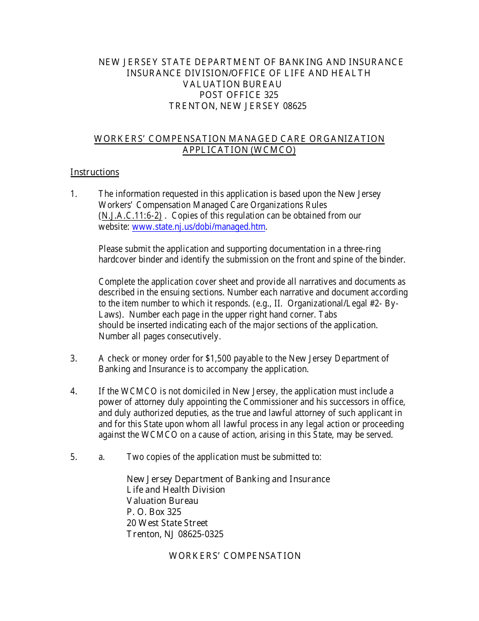 Managed Care Organization (Wcmco) Application for a Certificate of Authority - New Jersey, Page 1