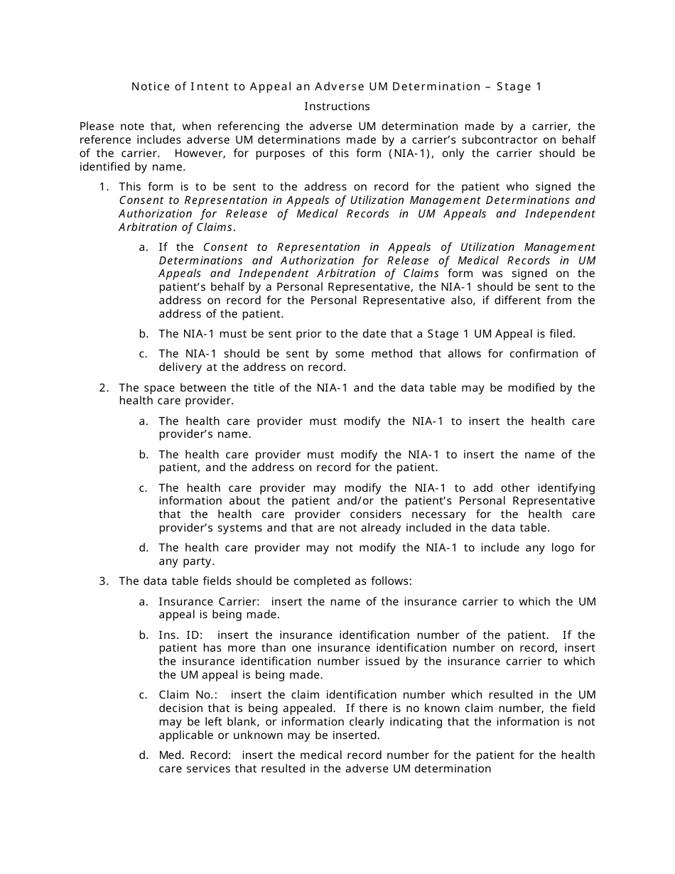 Instructions for Form NIA-1 Notice of Intent to Appeal an Adverse Um Determination - Stage 1 - New Jersey, Page 1