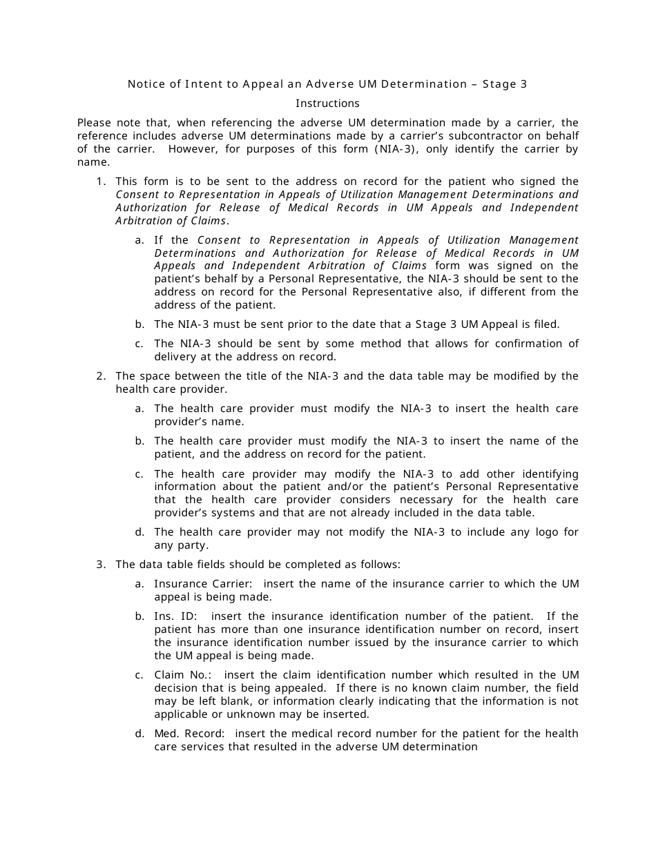 Instructions for Form NIA-3 Notice of Intent to Appeal an Adverse Um Determination - Stage 3 - New Jersey, Page 1
