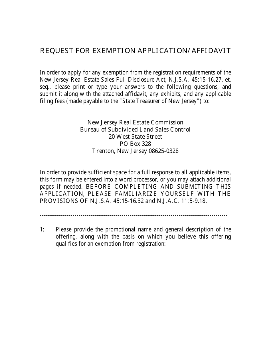 Request for Exemption Application / Affidavit - New Jersey, Page 1
