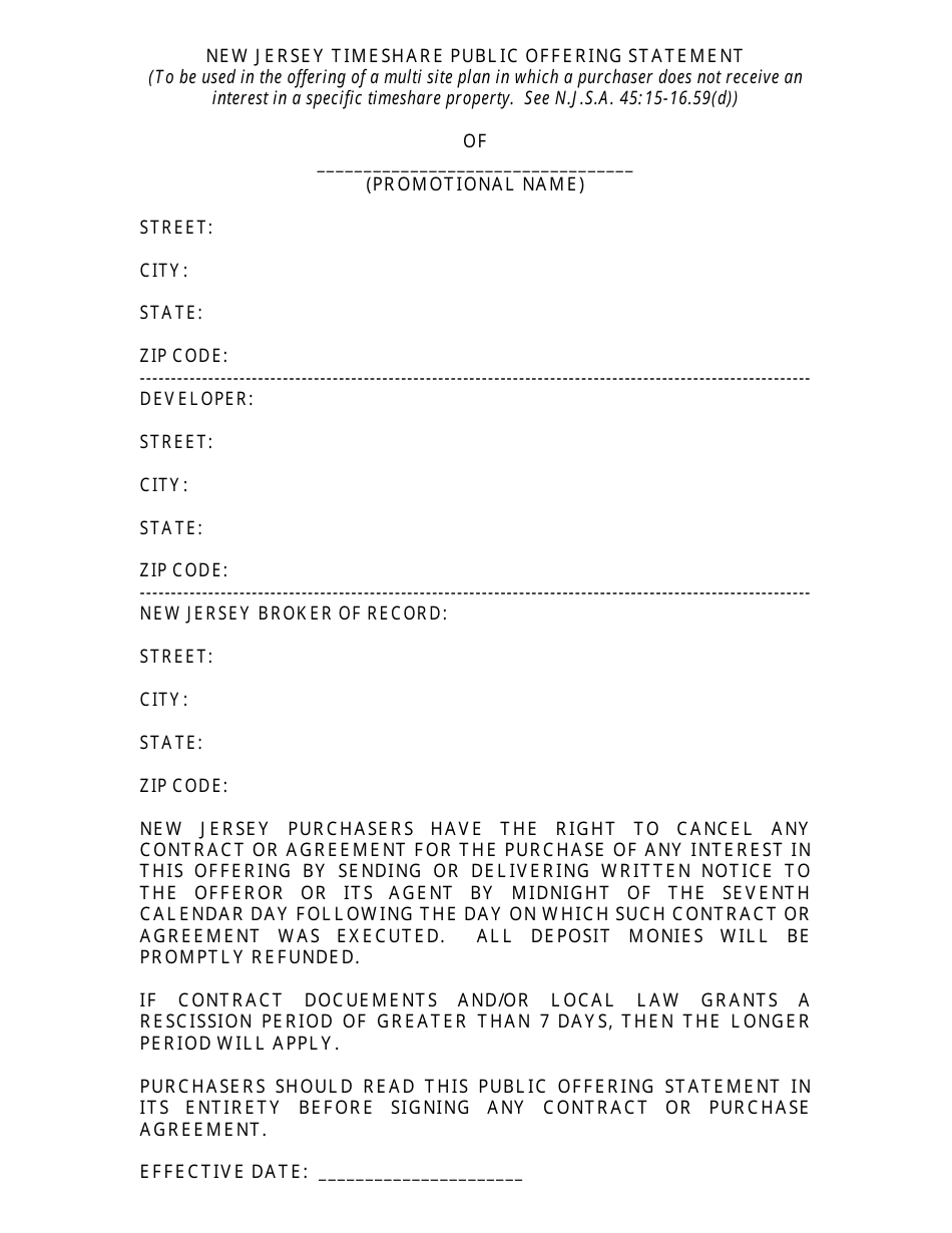 Timeshare Public Offering Statement Format (Non Specific Interest) - New Jersey, Page 1