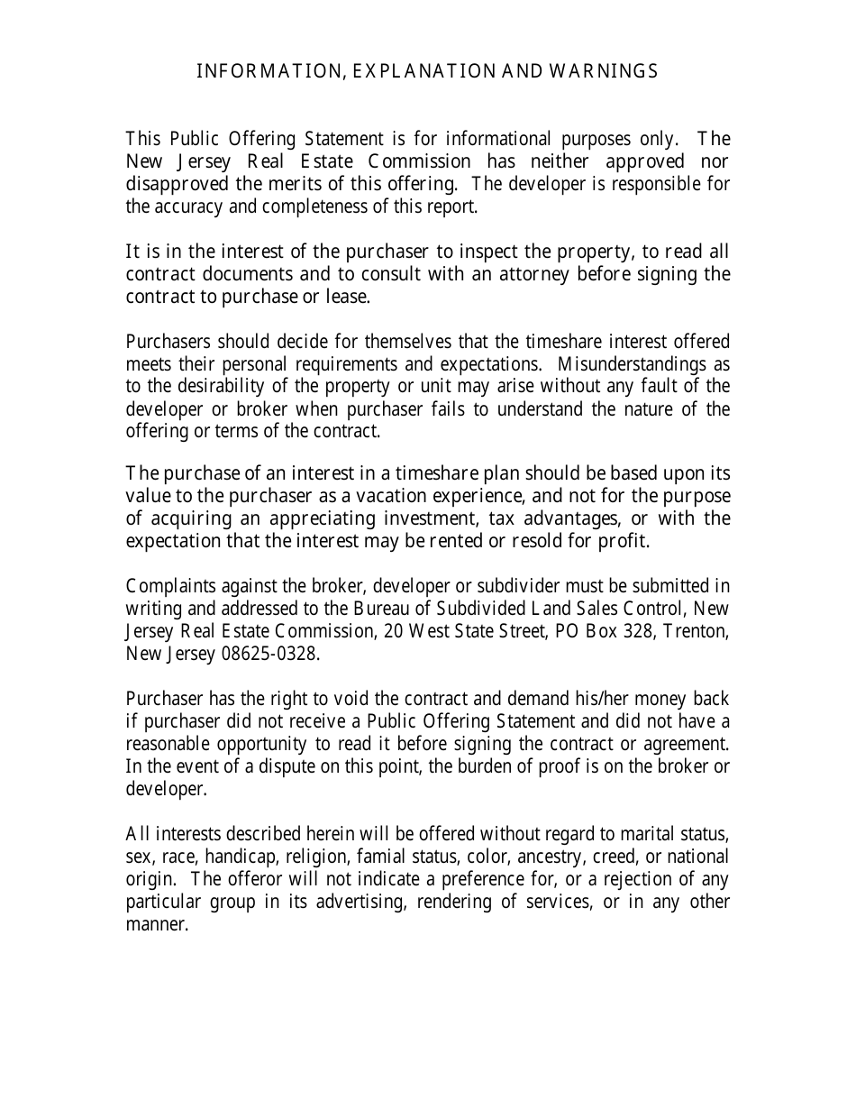 Timeshare Public Offering Statement Format (Non Specific Interest) - New Jersey, Page 2