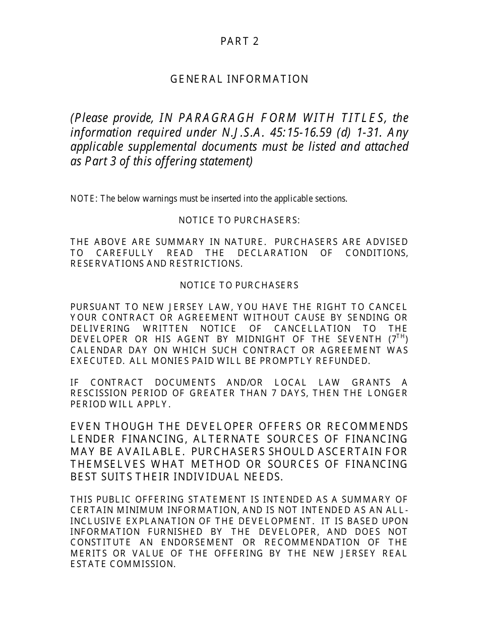 Timeshare Public Offering Statement Format (Non Specific Interest) - New Jersey, Page 4