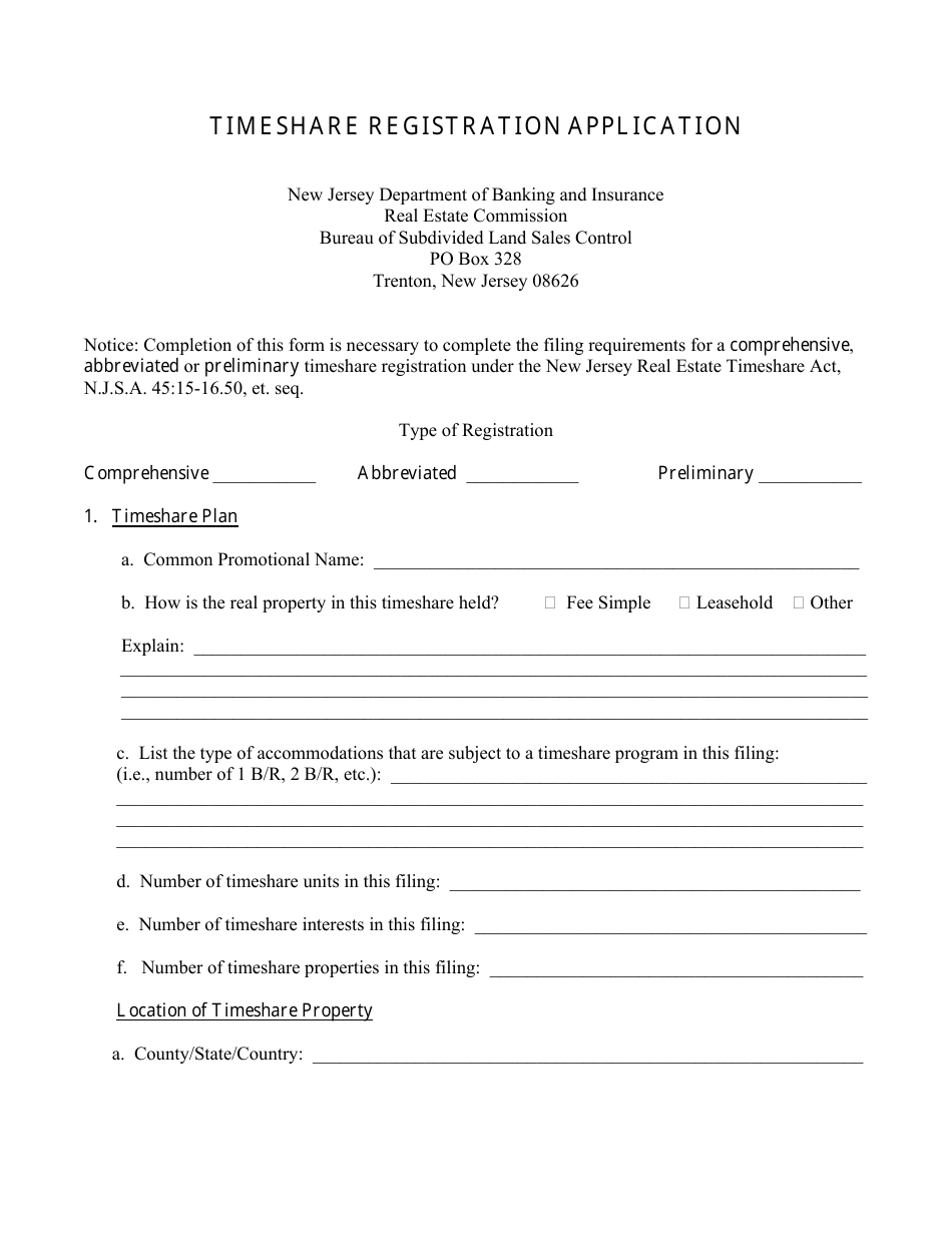 Timeshare Registration Application - New Jersey, Page 1