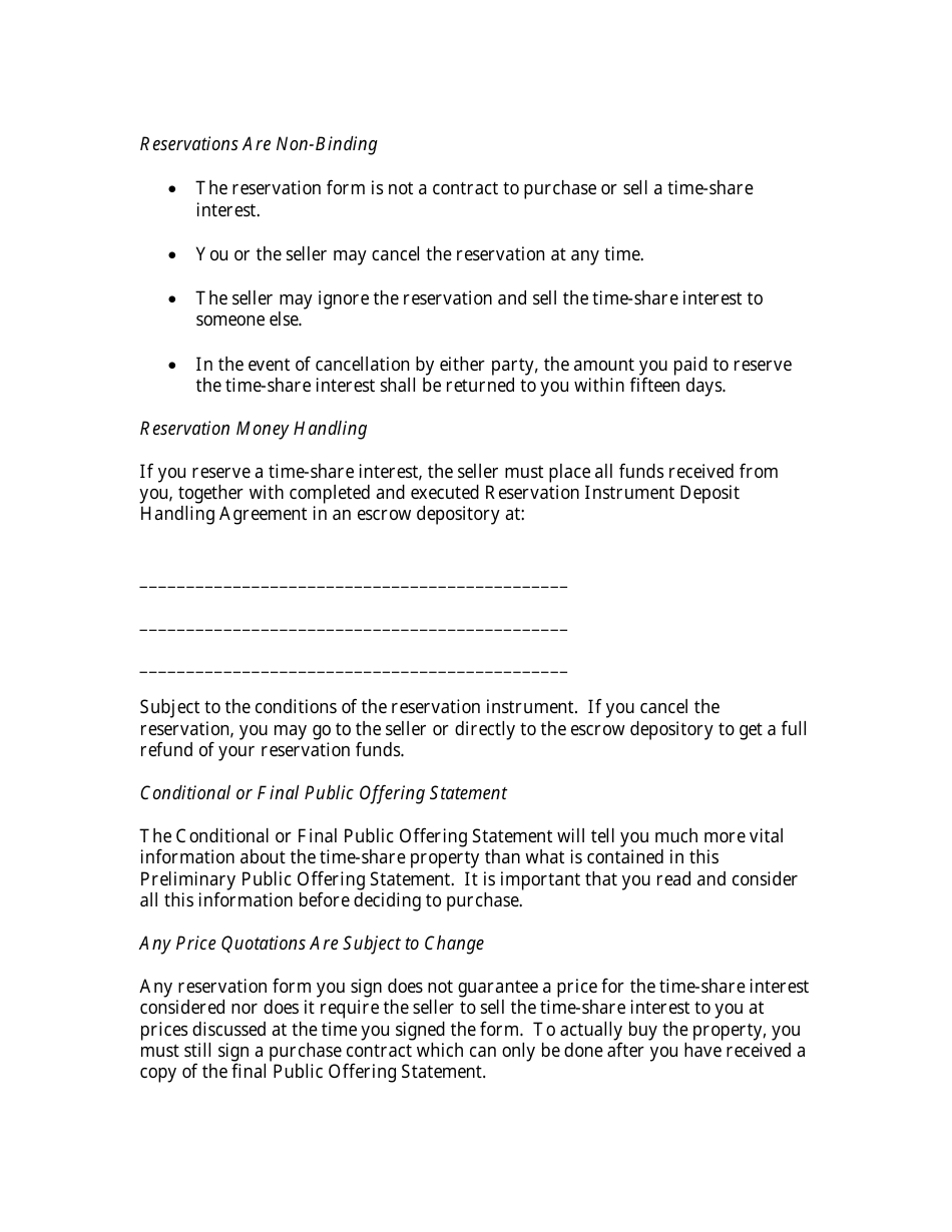 Timeshare Public Offering Statement Format (Preliminary Registration Only) - New Jersey, Page 2