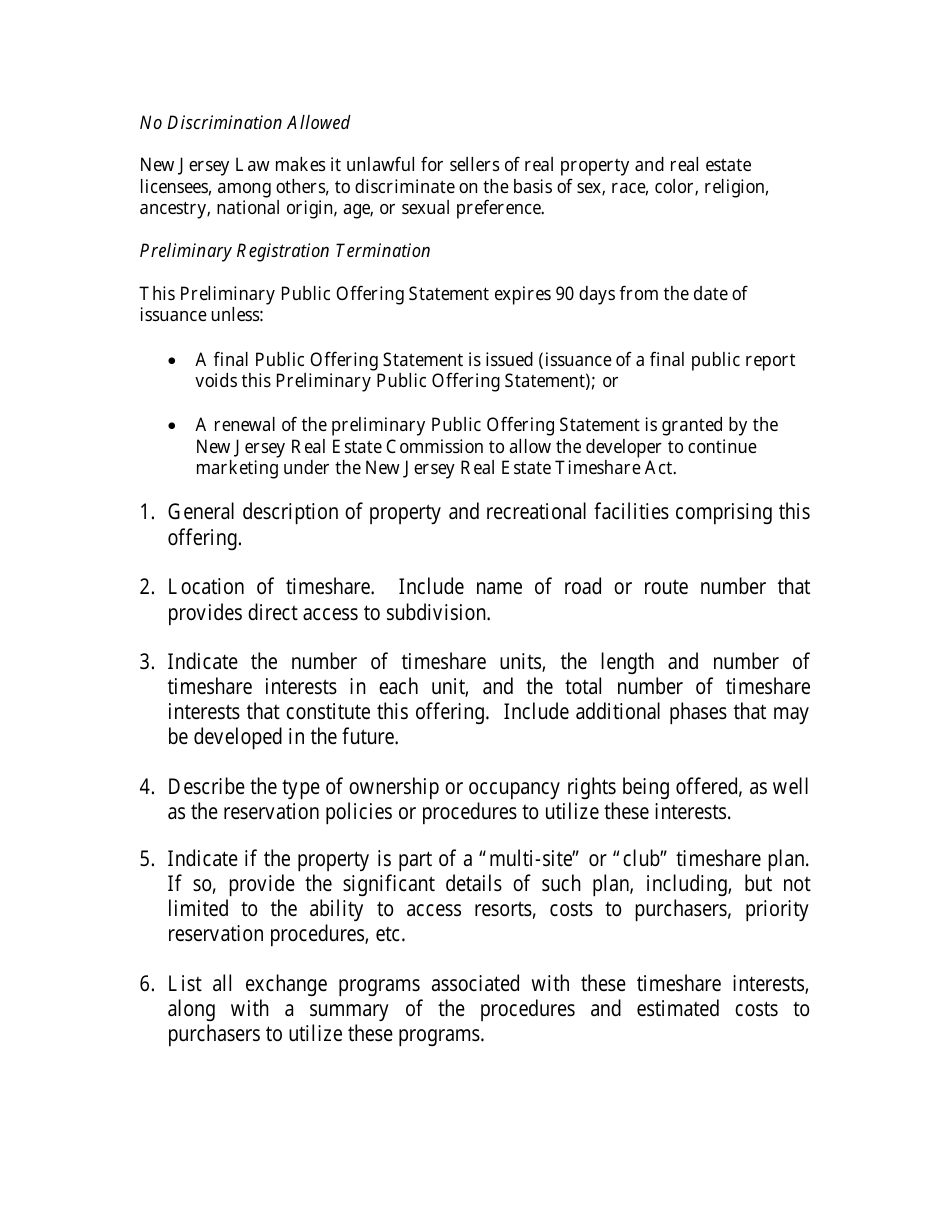 Timeshare Public Offering Statement Format (Preliminary Registration Only) - New Jersey, Page 3
