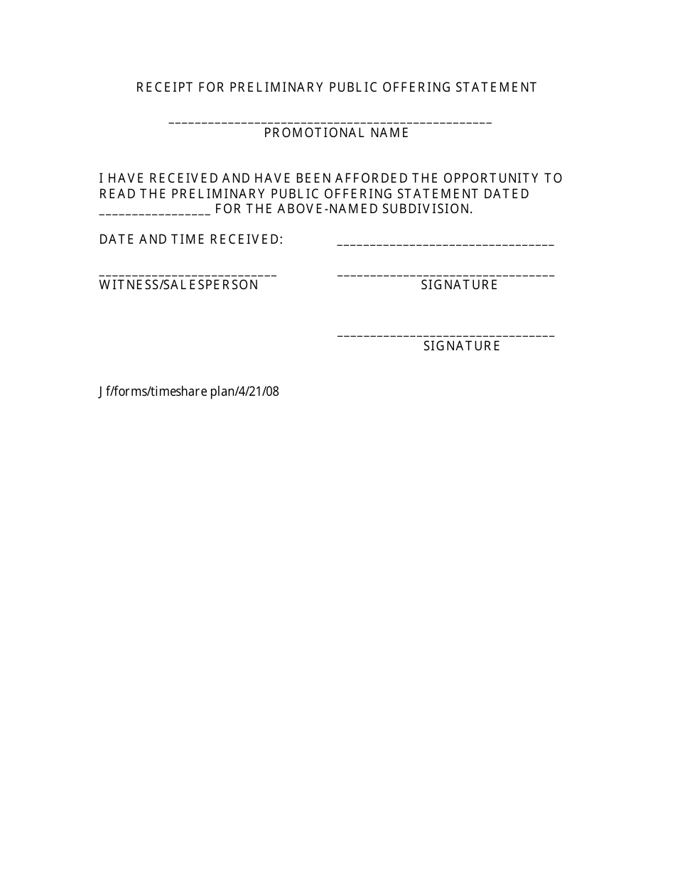 New Jersey Timeshare Public Offering Statement Format (Preliminary