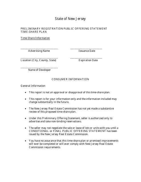 Timeshare Public Offering Statement Format (Preliminary Registration Only) - New Jersey Download Pdf