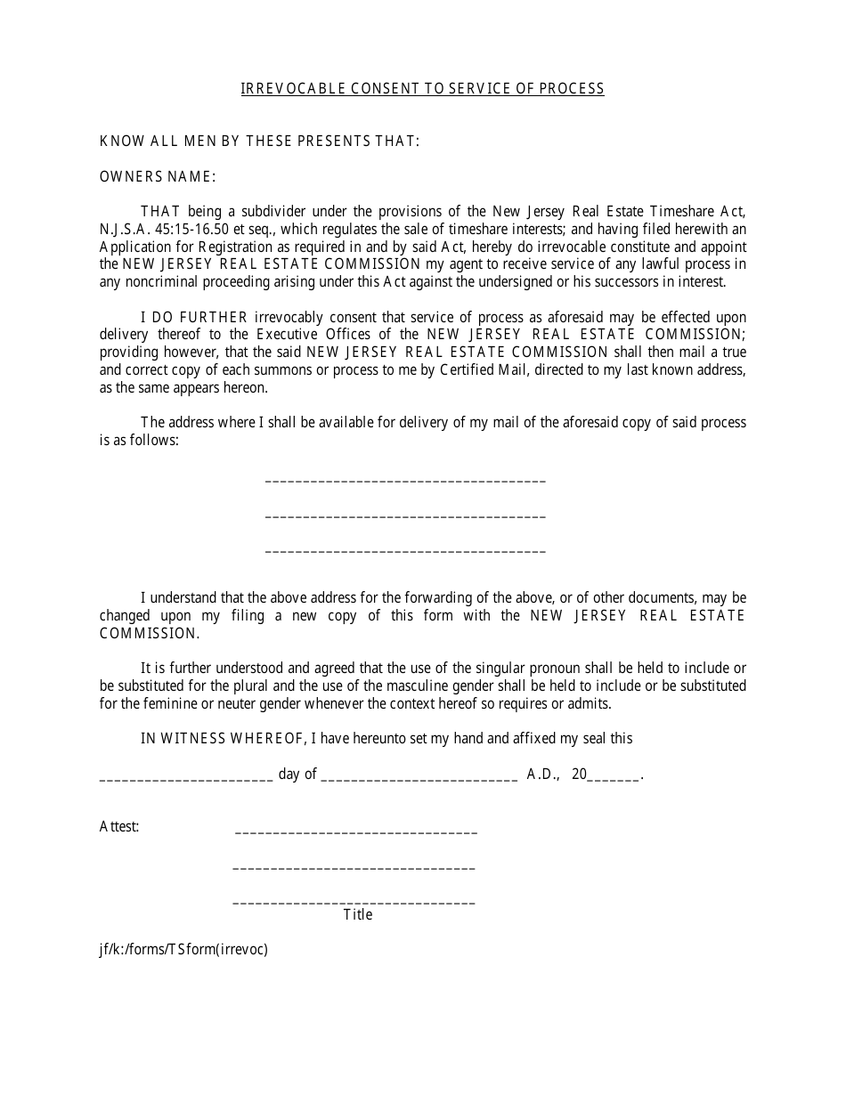 Timeshare Irrevocable Consent to Service of Process - New Jersey, Page 1