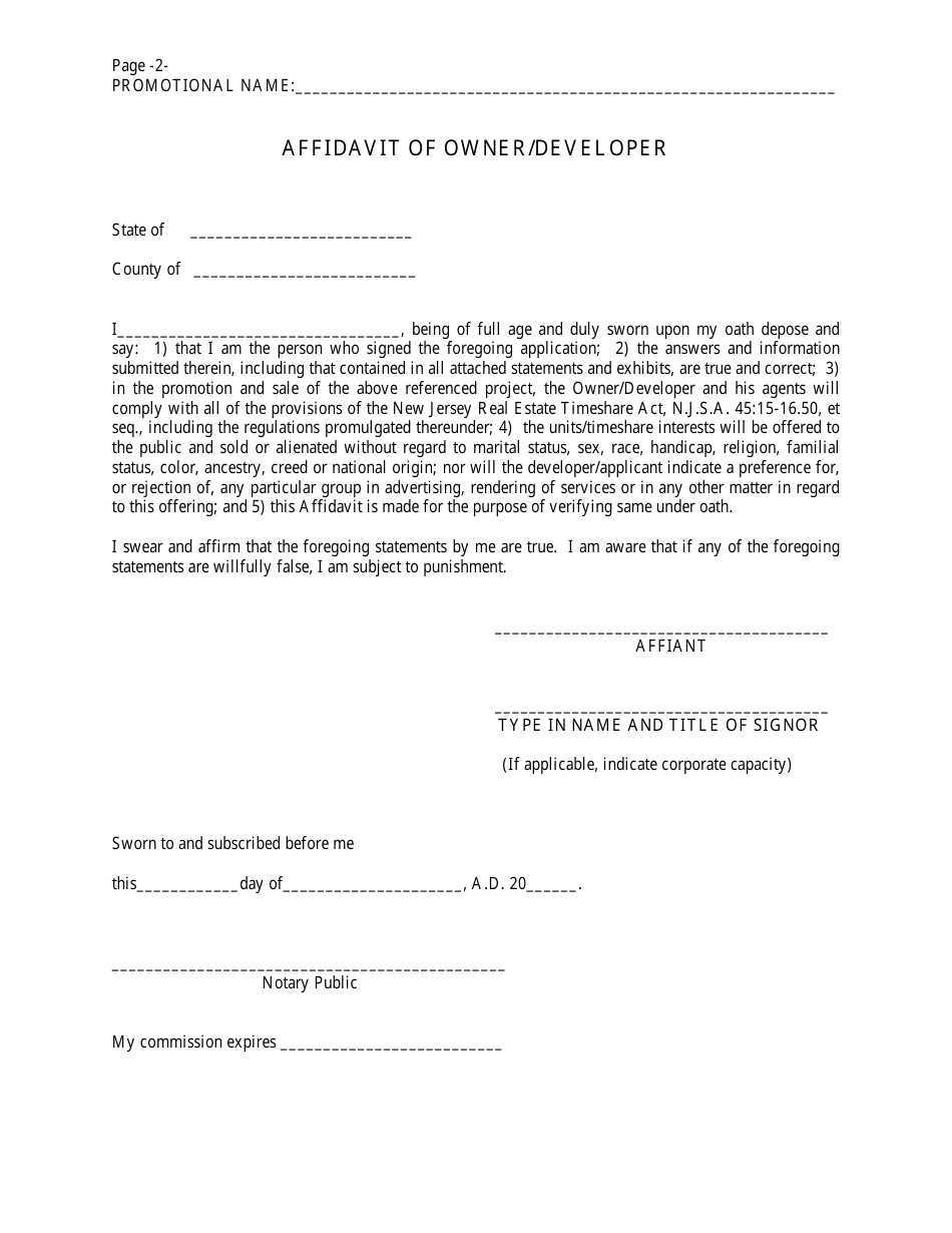 Timeshare Broker / Developer Application / Affidavit - New Jersey, Page 2
