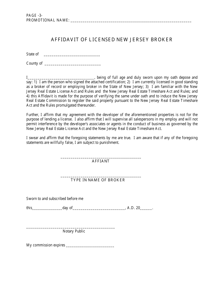 Timeshare Broker / Developer Application / Affidavit - New Jersey, Page 3