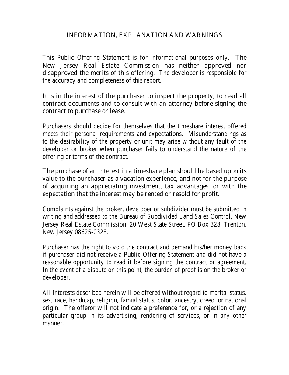 New Jersey Timeshare Public Offering Statement Format (Single Site or Specific Interest Offering) - New Jersey, Page 2