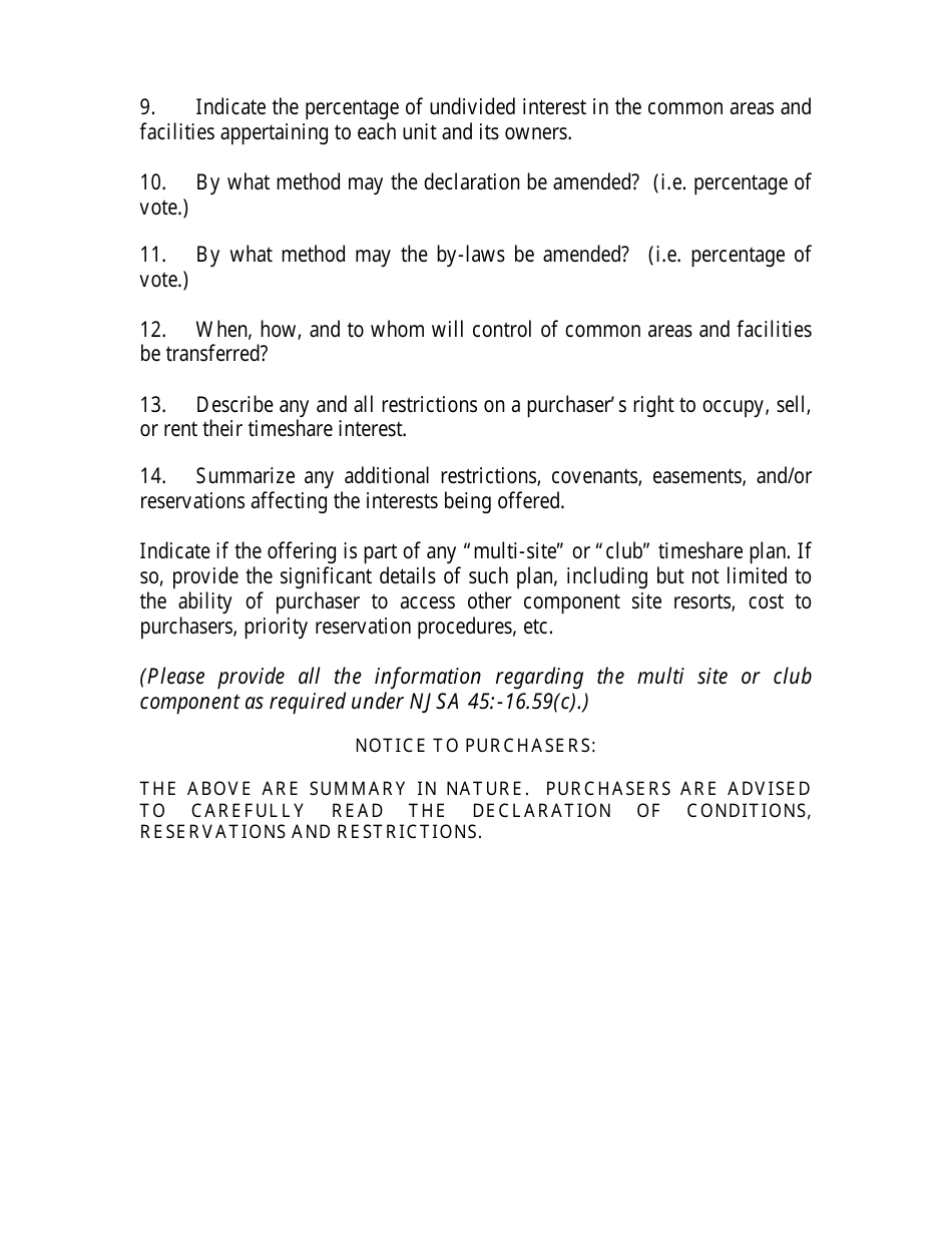 New Jersey Timeshare Public Offering Statement Format (Single Site or Specific Interest Offering) - New Jersey, Page 5