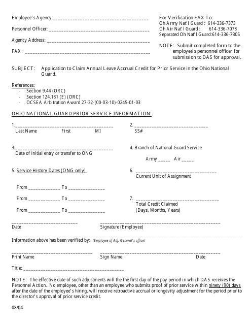 Application to Claim Annual Leave Accrual Credit for Prior Service in the Ohio National Guard - Ohio Download Pdf