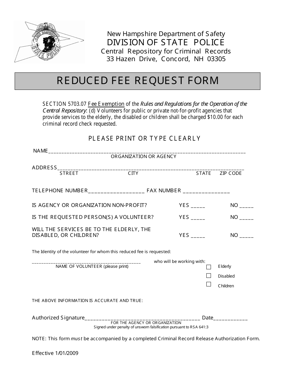 Reduced Fee Request Form - New Hampshire, Page 1