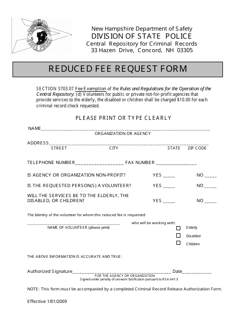 Reduced Fee Request Form - New Hampshire
