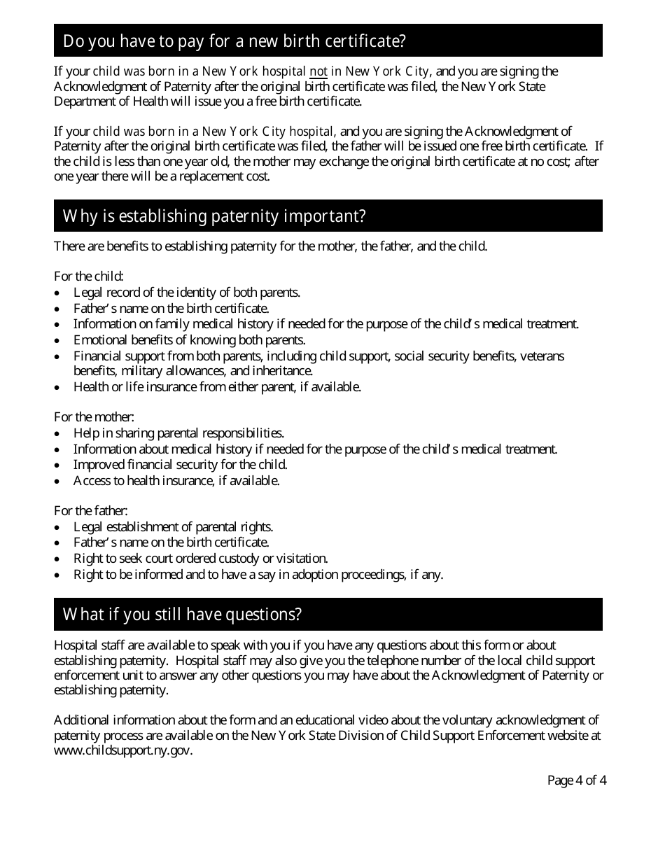 Form LDSS-4418 Acknowledgment of Paternity for a Child Born to an Unmarried Woman - New York, Page 4