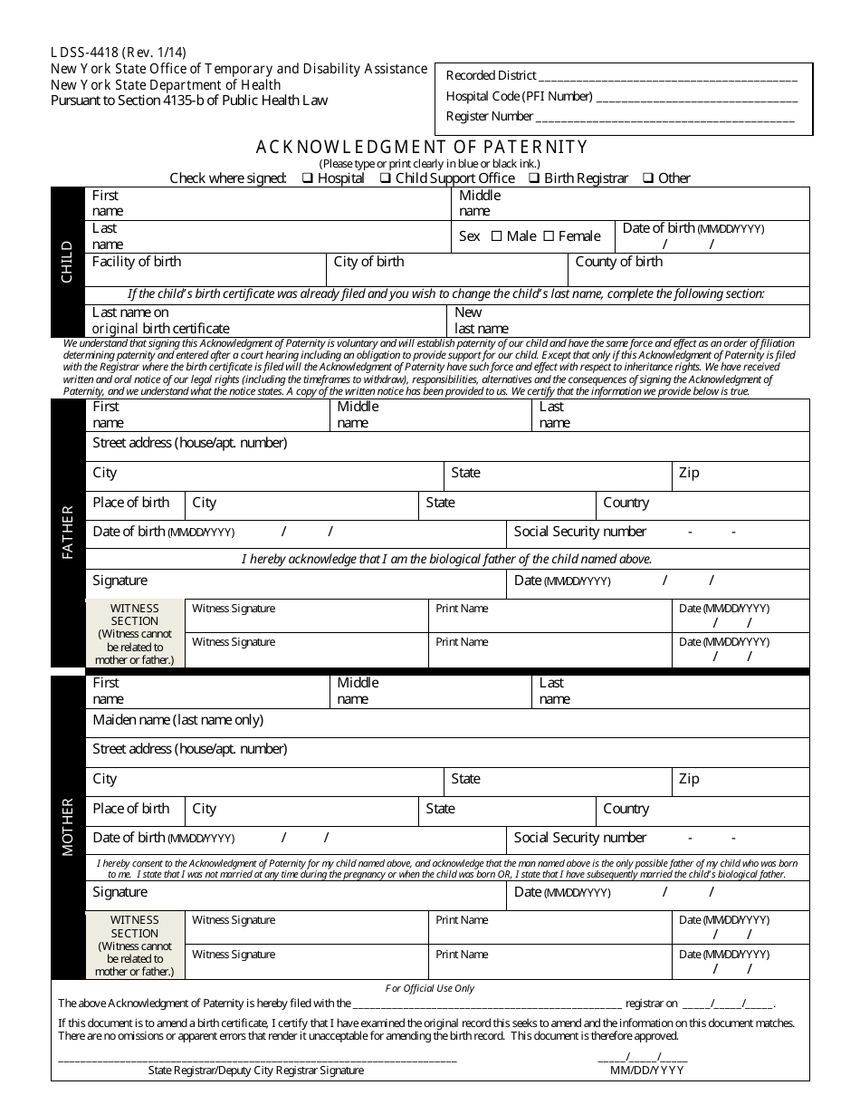 Form LDSS-4418 Acknowledgment of Paternity for a Child Born to an Unmarried Woman - New York, Page 5