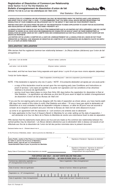 Form 19 Registration of Dissolution of Common-Law Relationship - Manitoba, Canada (English/French)
