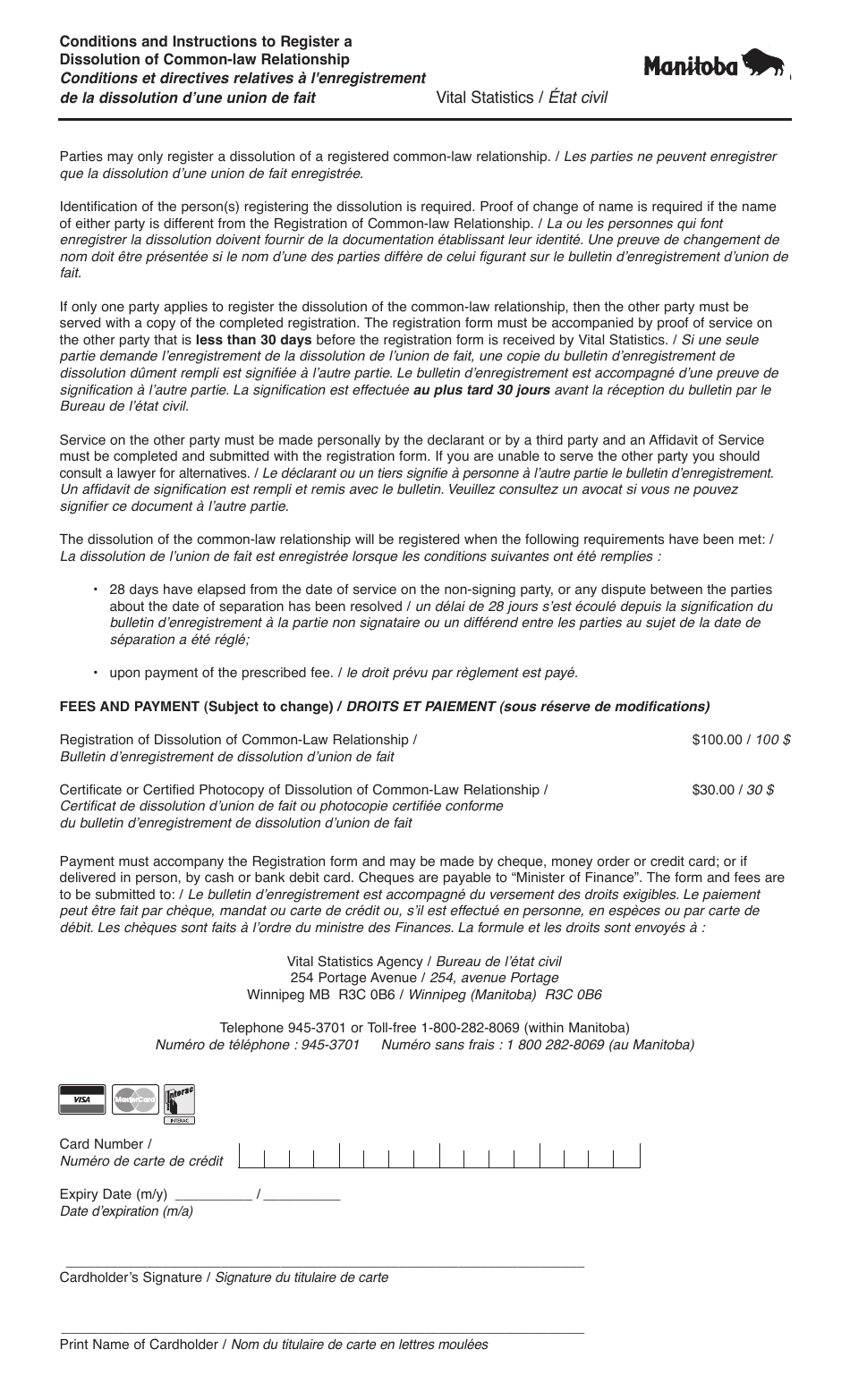 Form 19 Registration of Dissolution of Common-Law Relationship - Manitoba, Canada (English / French), Page 2