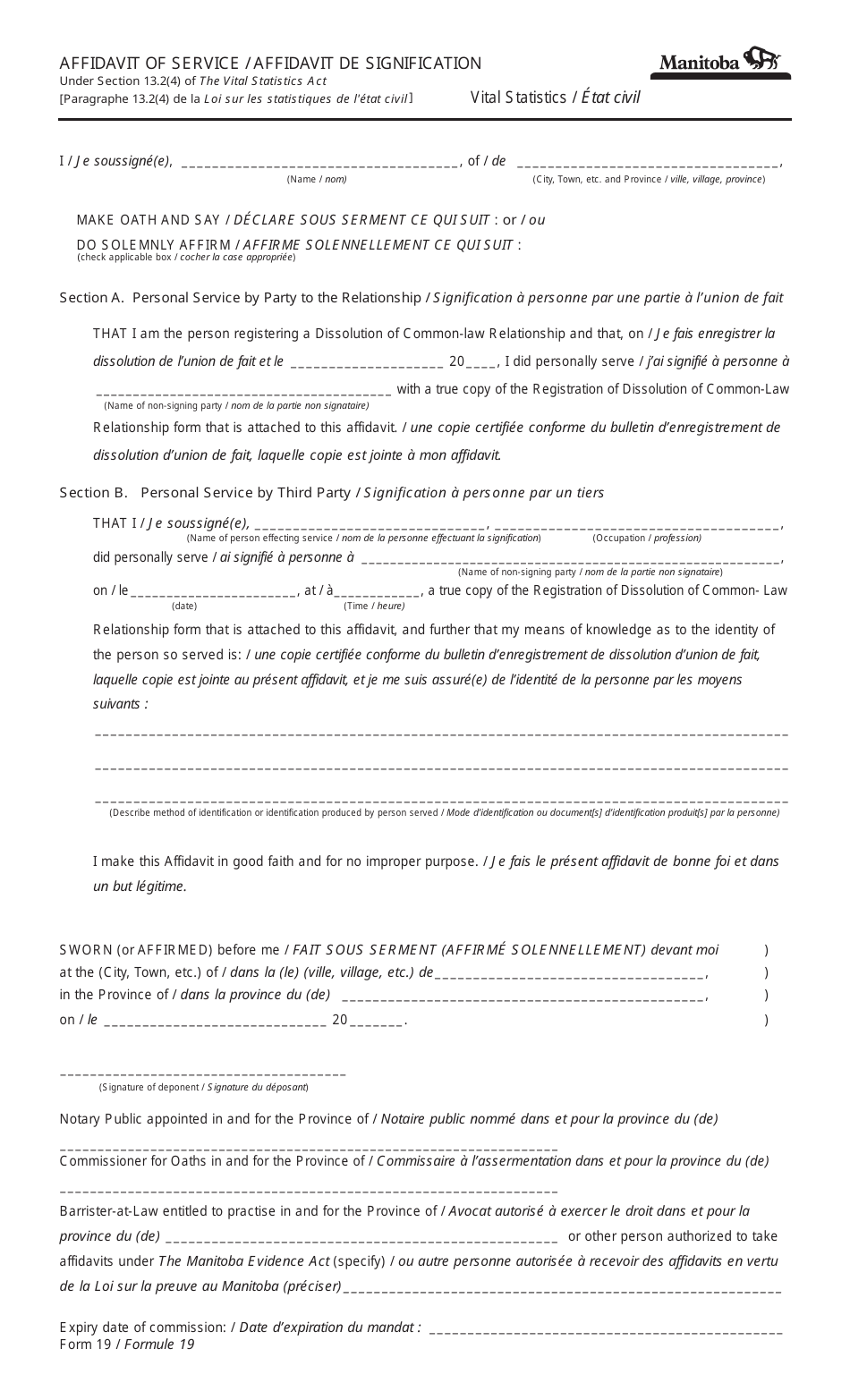 Form 19 Affidavit of Service - Manitoba, Canada (English / French), Page 1