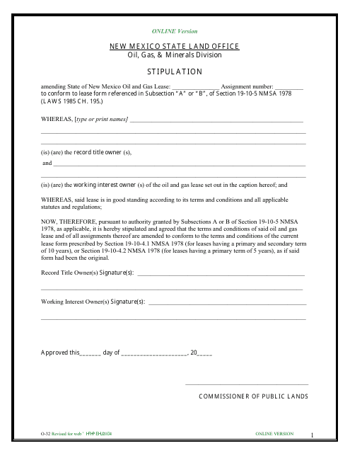 Form O-32 Lease Stipulation Form - New Mexico