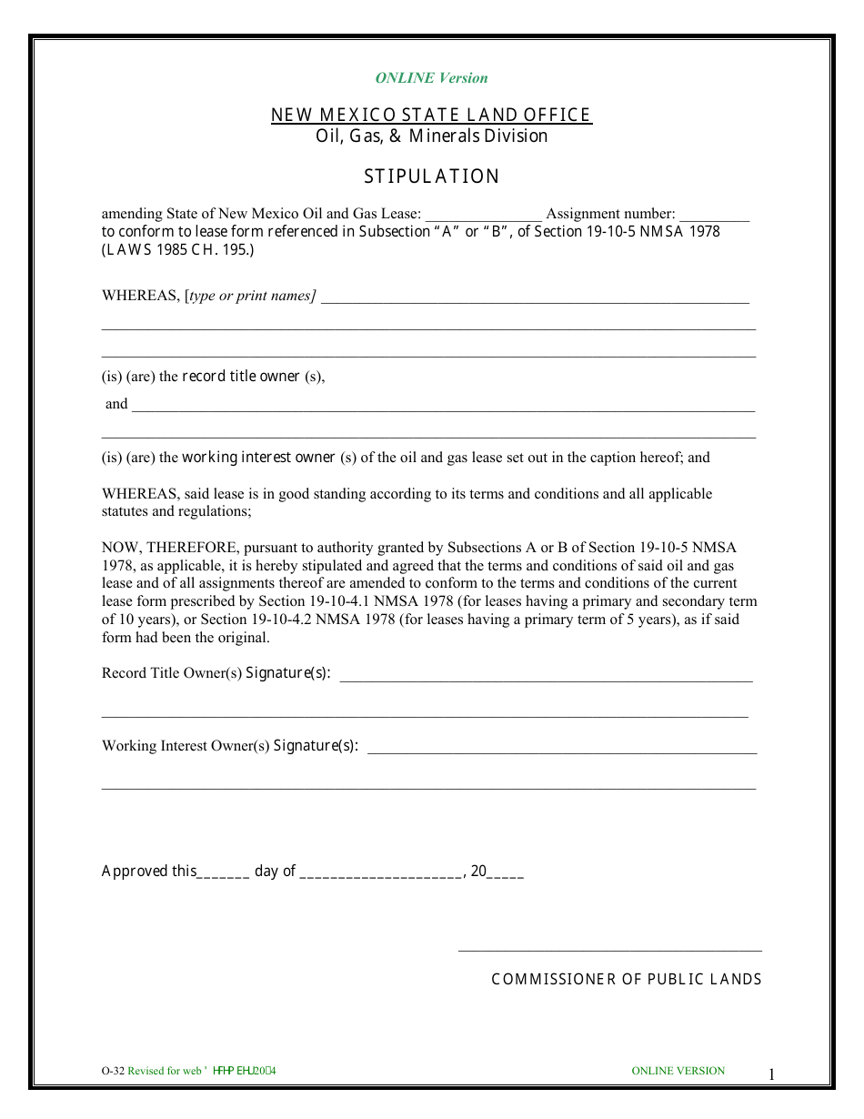 Form O-32 Lease Stipulation Form - New Mexico, Page 1