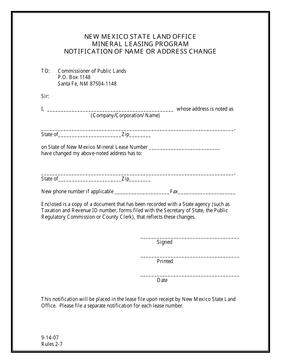 Mineral Leasing Program Notification of Name or Address Change - New Mexico, Page 1