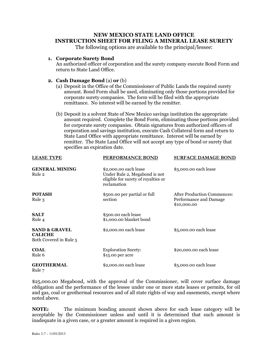 Instructions for Mineral Lease Surety - New Mexico, Page 1