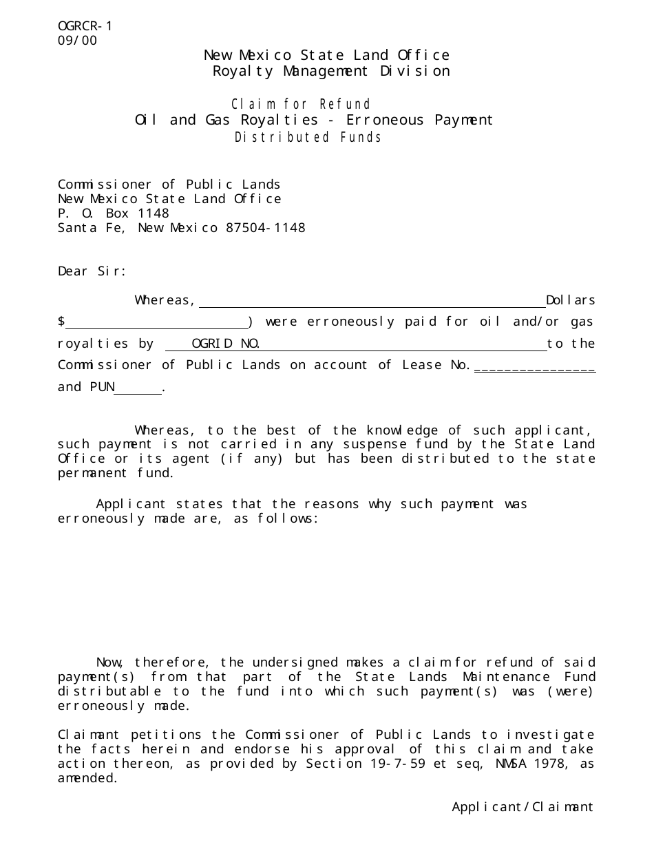 Form OGRCR-1 Claim for Refund Distributed Funds - New Mexico, Page 1