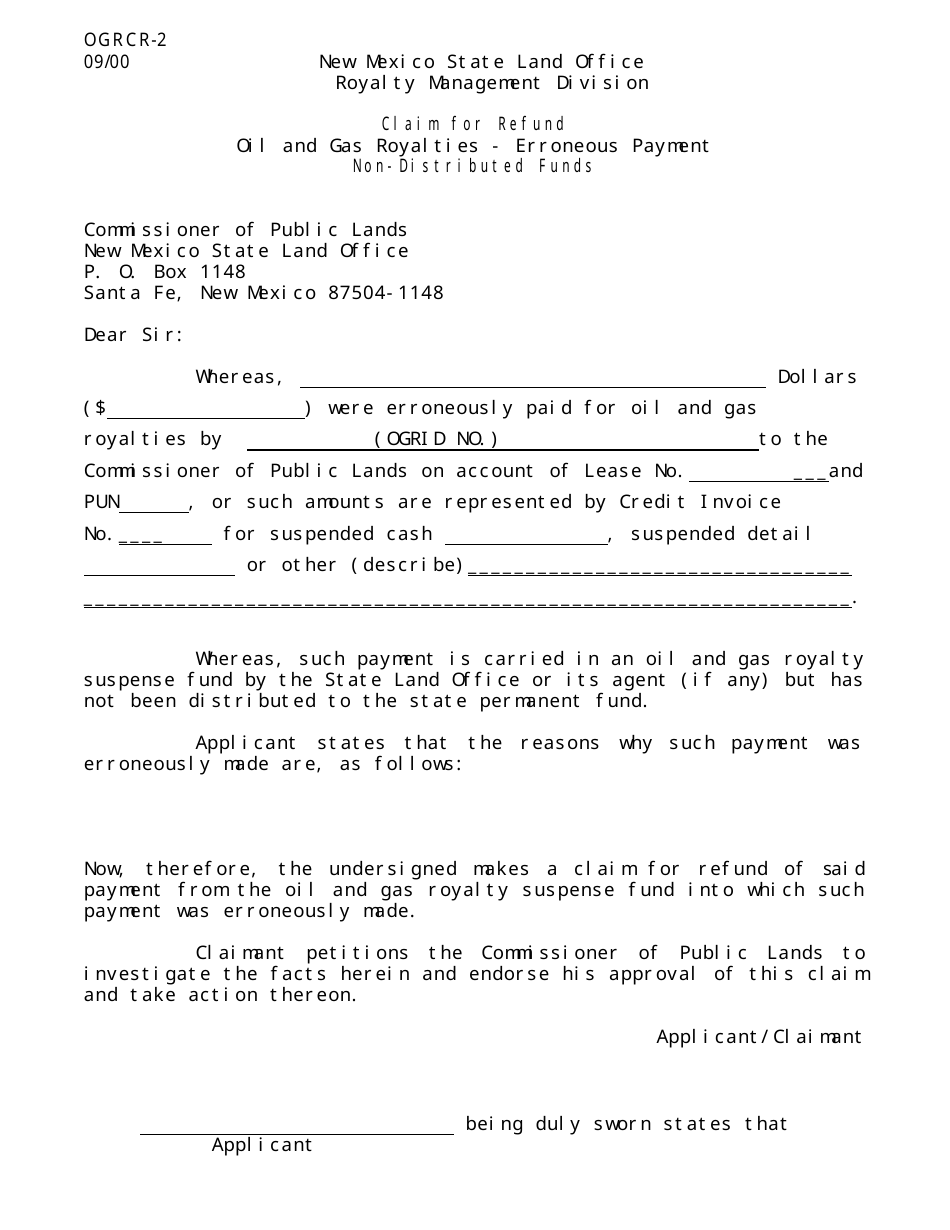 Form OGRCR-2 Claim for Refund Non-distributed Funds - New Mexico, Page 1