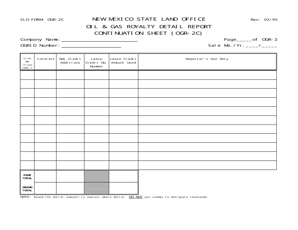 SLO Form OGR-2C Oil  Gas Royalty Detail Report Continuation Sheet - New Mexico, Page 1