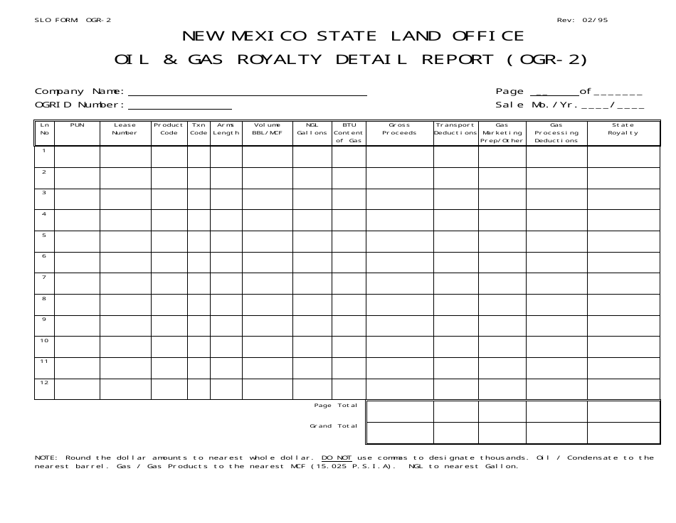SLO Form OGR-2 Oil  Gas Royalty Detail Report - New Mexico, Page 1