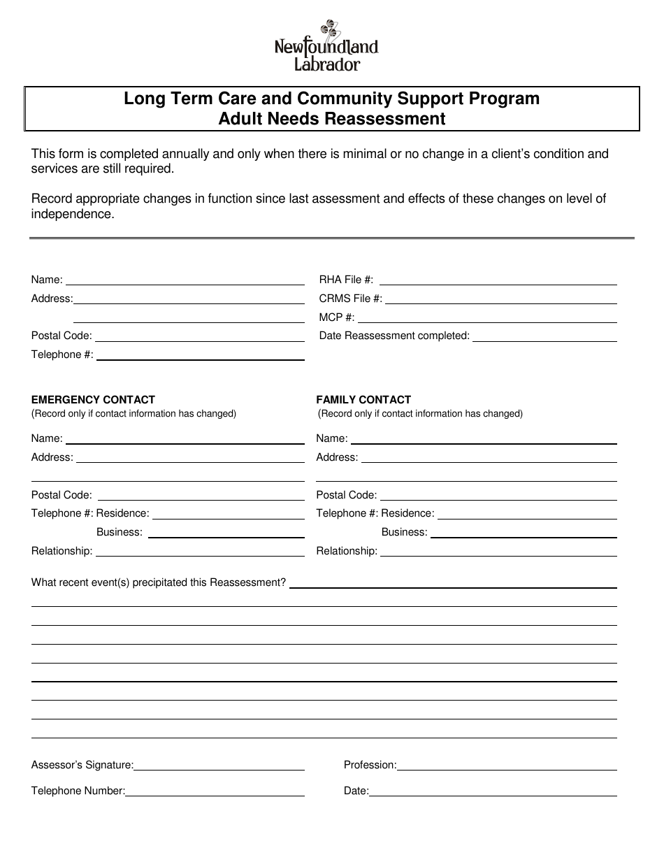 Long Term Care and Community Support Program Adult Needs Reassessment - Newfoundland and Labrador, Canada, Page 1