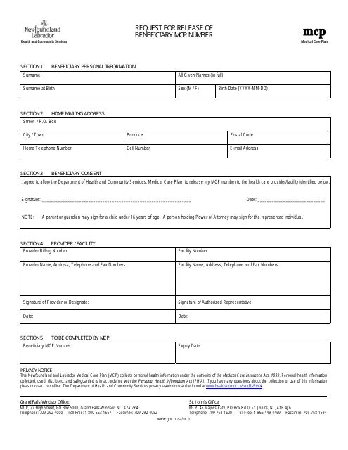 Request for Release of Beneficiary Mcp Number - Newfoundland and Labrador, Canada Download Pdf