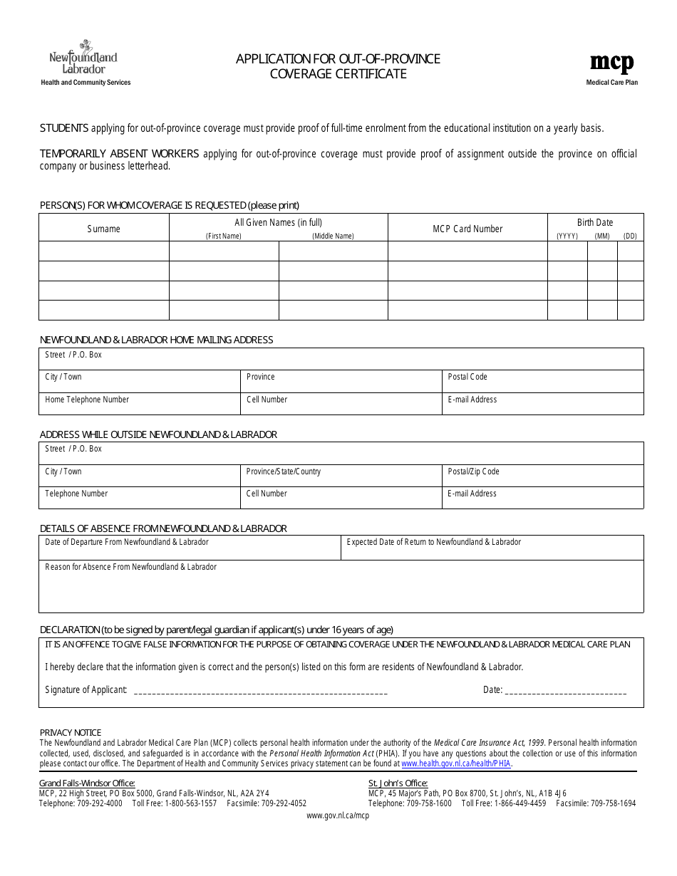 Application for out-Of-Province Coverage Certificate - Newfoundland and Labrador, Canada, Page 1
