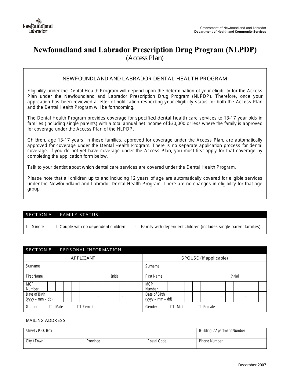 Dental Application Form - Newfoundland and Labrador, Canada, Page 1