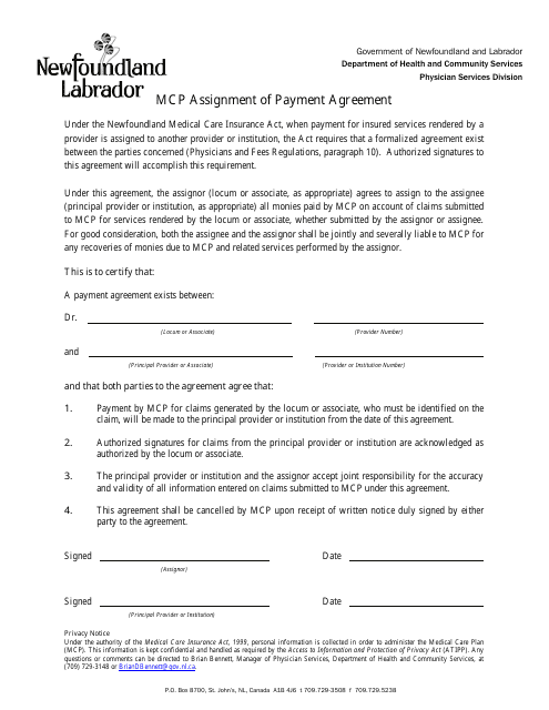 Mcp Assignment of Payment Agreement - Newfoundland and Labrador, Canada