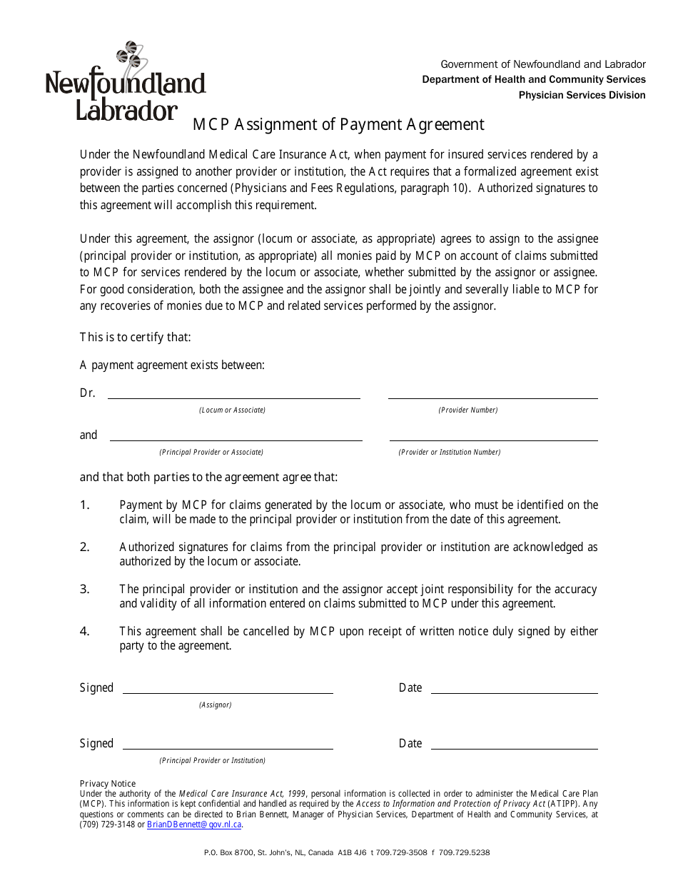 Mcp Assignment of Payment Agreement - Newfoundland and Labrador, Canada, Page 1