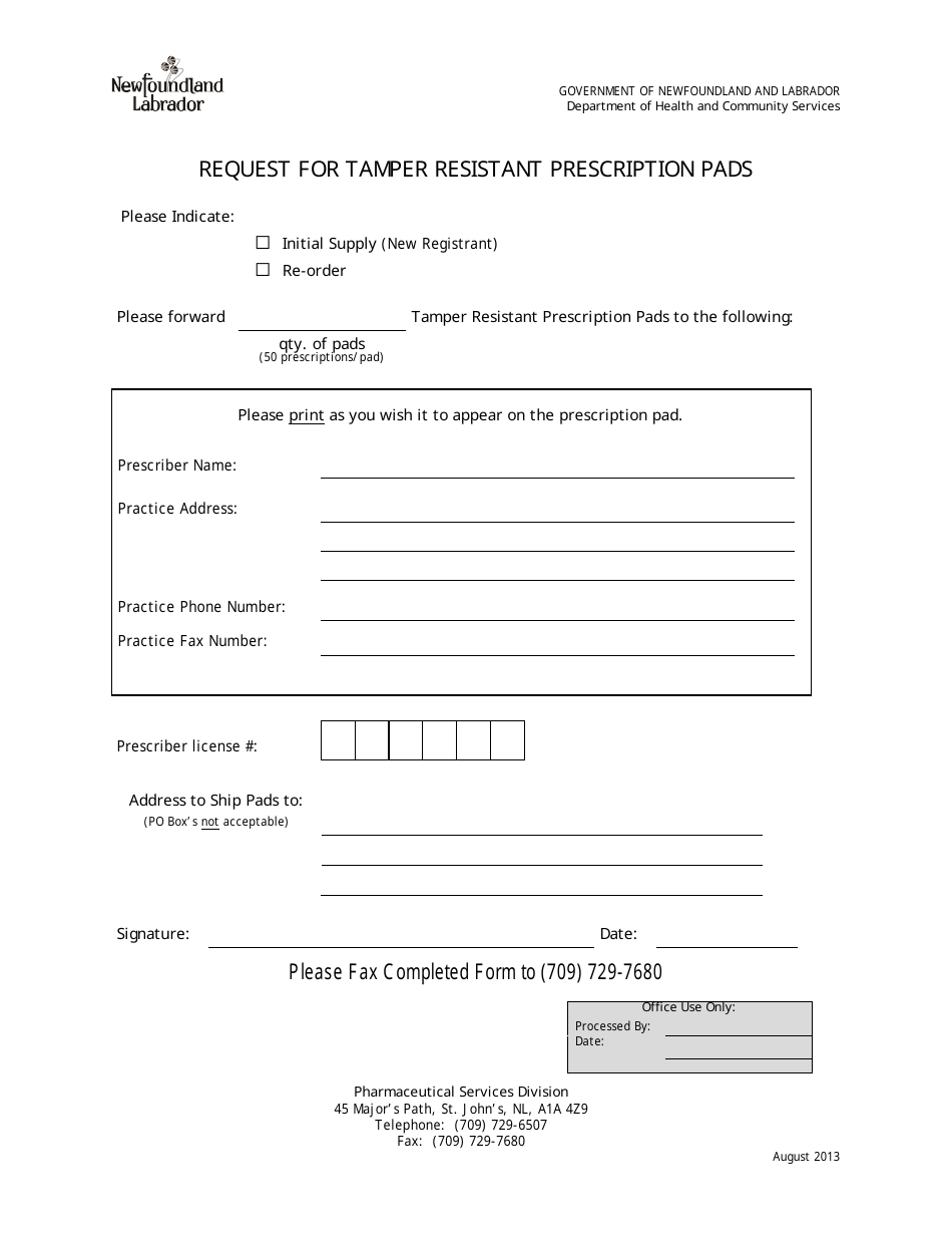 Request for Tamper Resistant Prescription Pads - Newfoundland and Labrador, Canada, Page 1