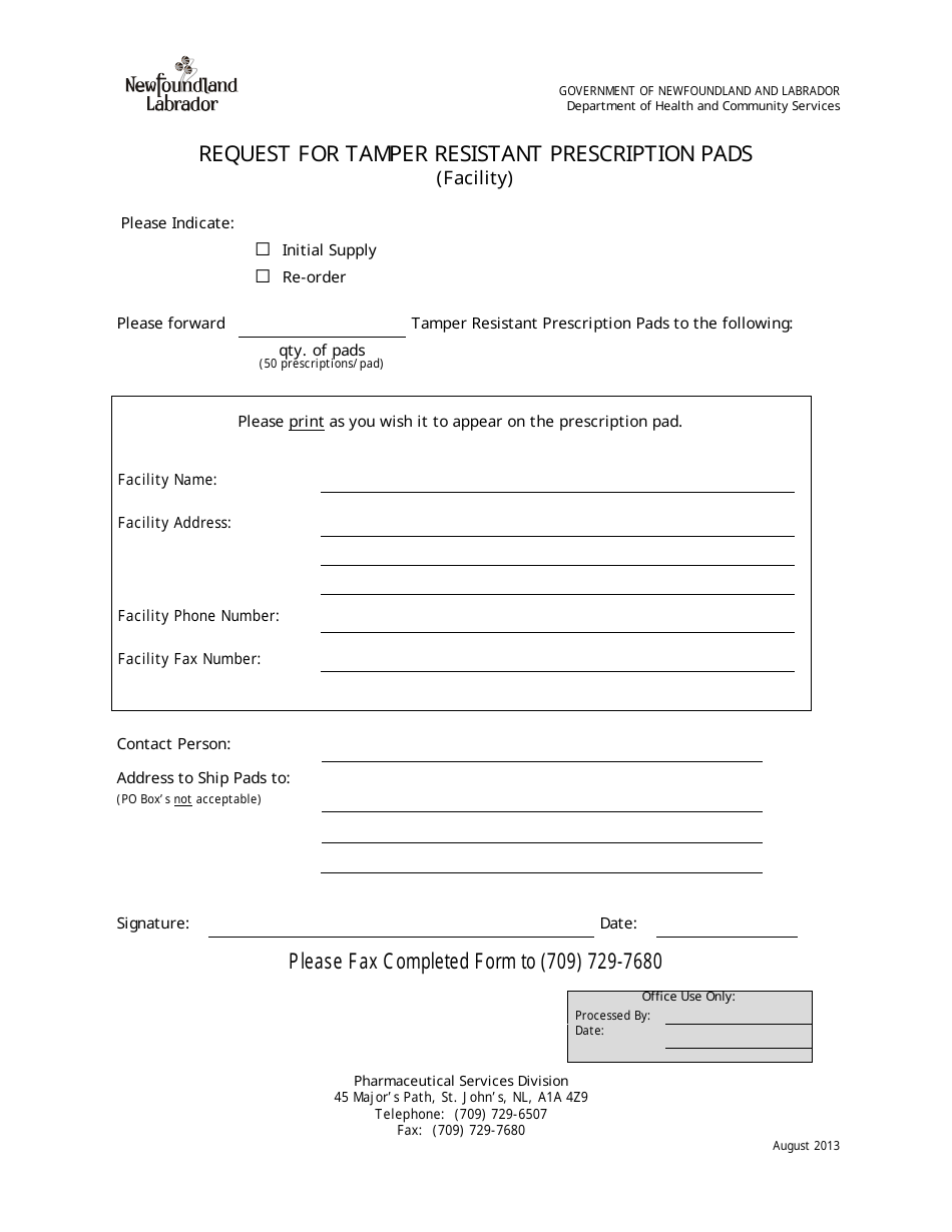 Request for Tamper Resistant Prescription Pads (Facility) - Newfoundland and Labrador, Canada, Page 1