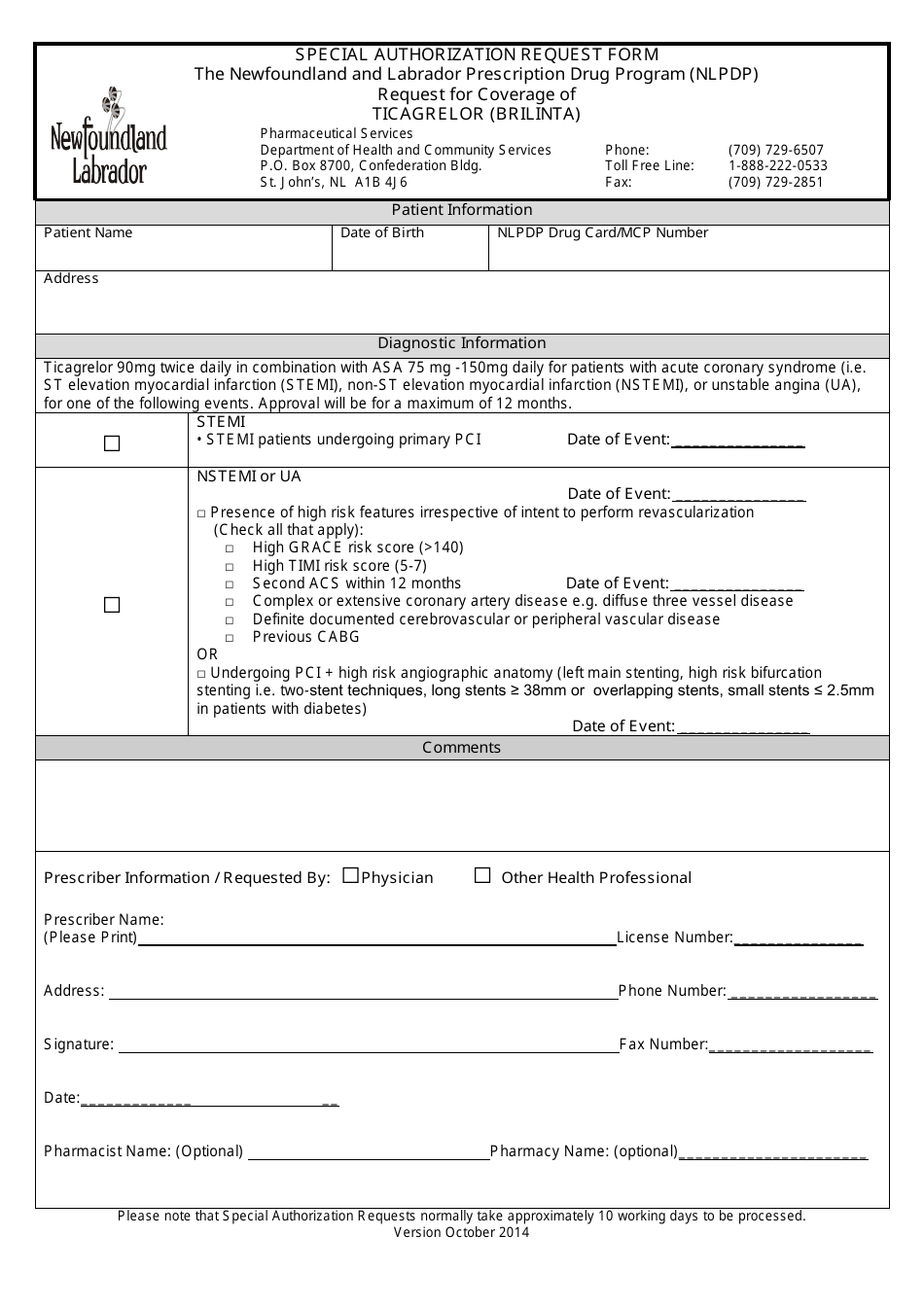 Special Authorization Request Form - Ticagrelor (Brilinta) - Newfoundland and Labrador, Canada, Page 1