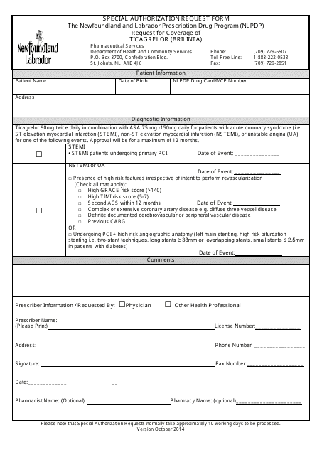 Special Authorization Request Form - Ticagrelor (Brilinta) - Newfoundland and Labrador, Canada