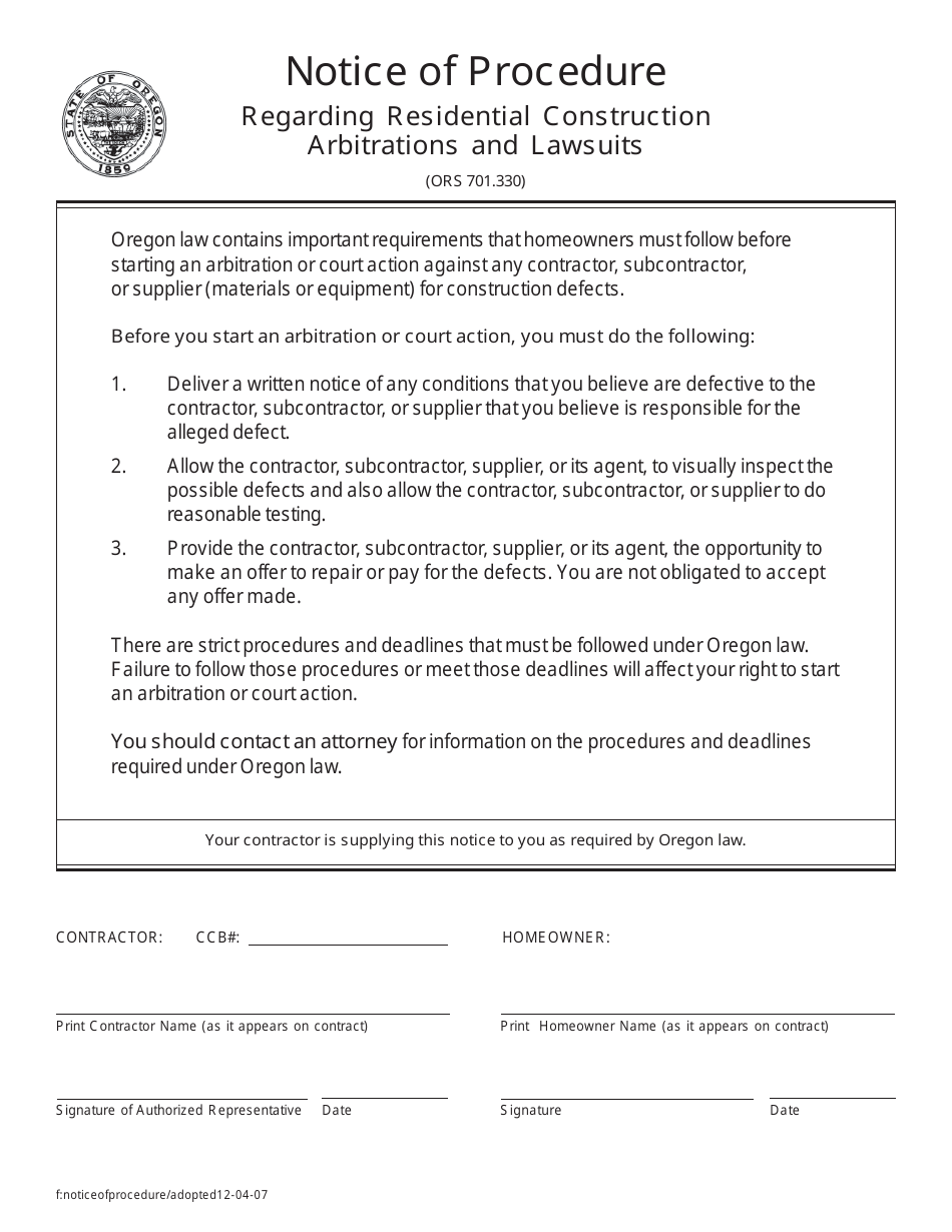 Notice of Procedure - Oregon, Page 1