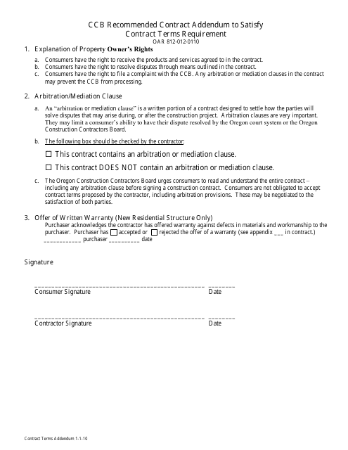 Ccb Recommended Contract Addendum to Satisfy Contract Terms Requirement - Oregon Download Pdf