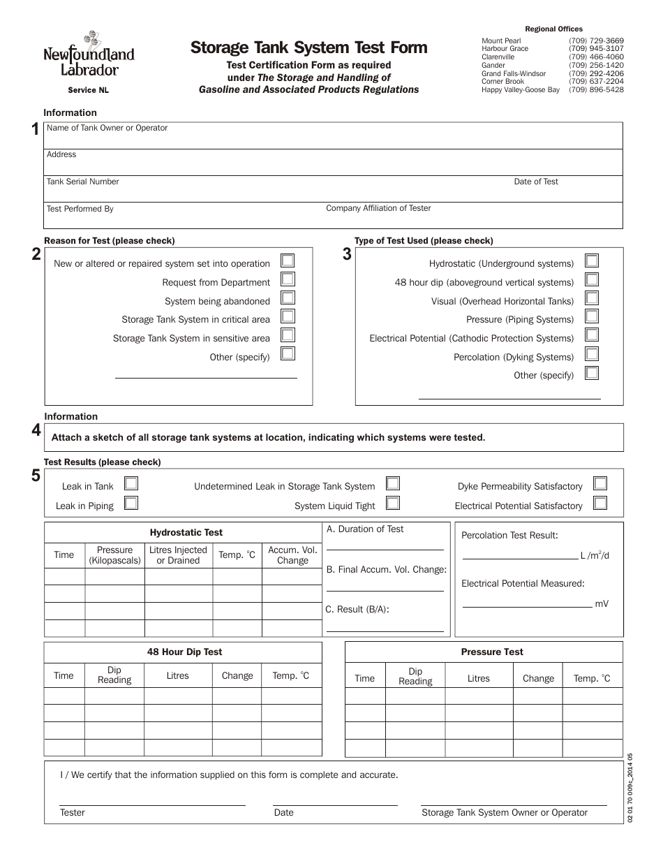 Newfoundland and Labrador Canada Storage Tank System Test Form Fill