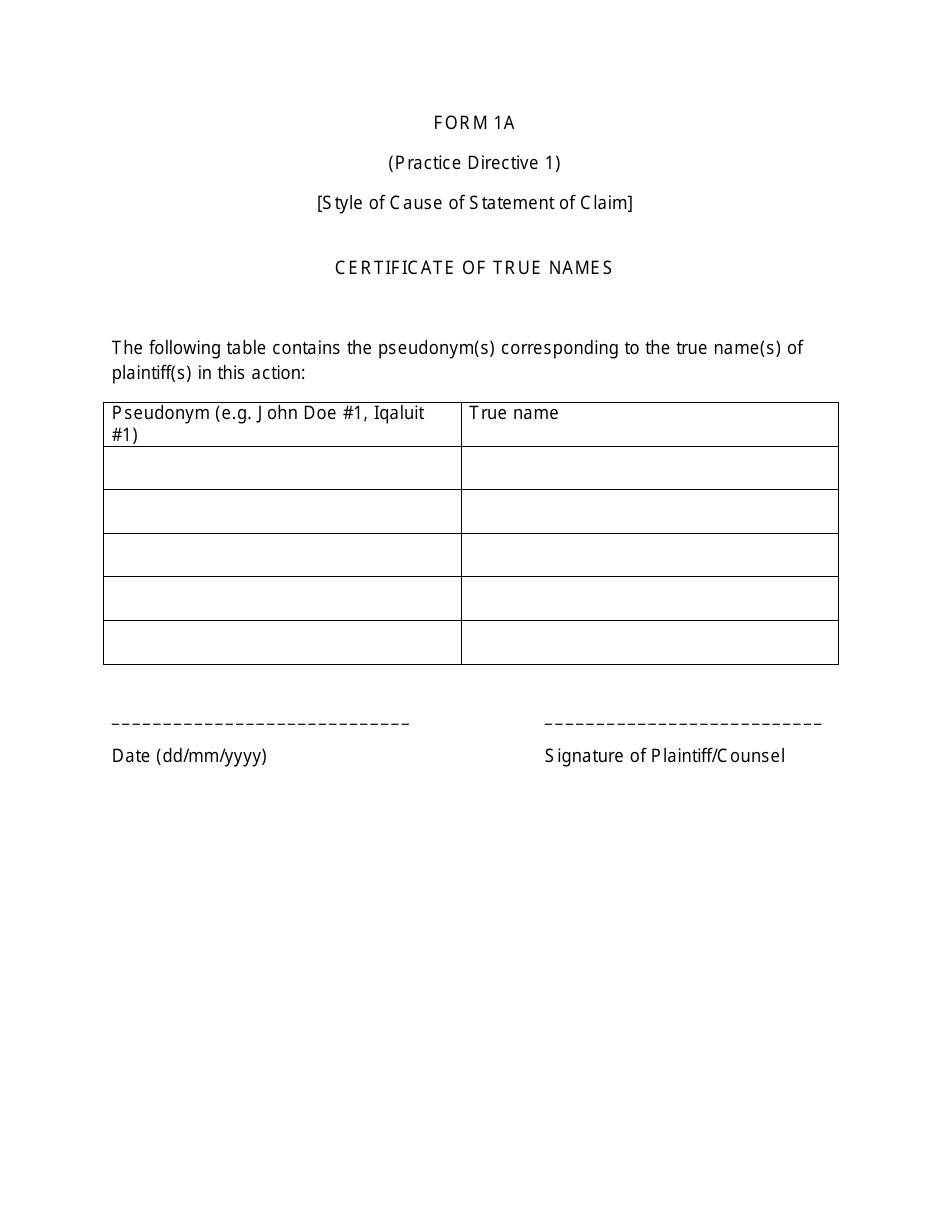 Form 1A Certificate of True Names - Nunavut, Canada, Page 3